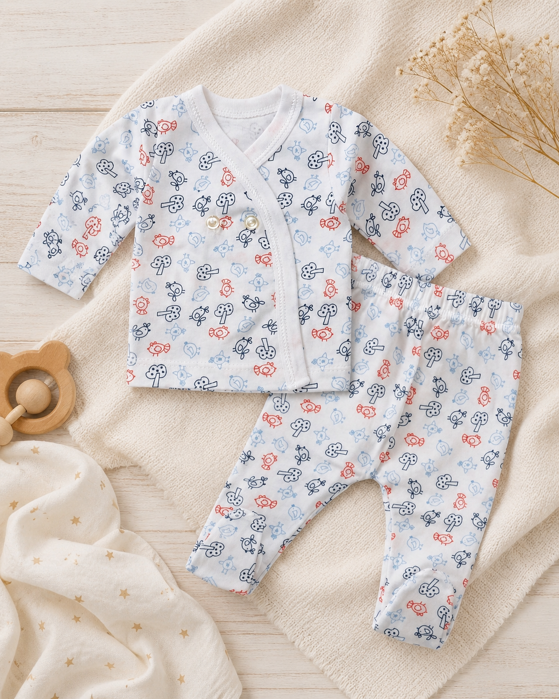 Conjunto bata y pelele algodón estampado NB