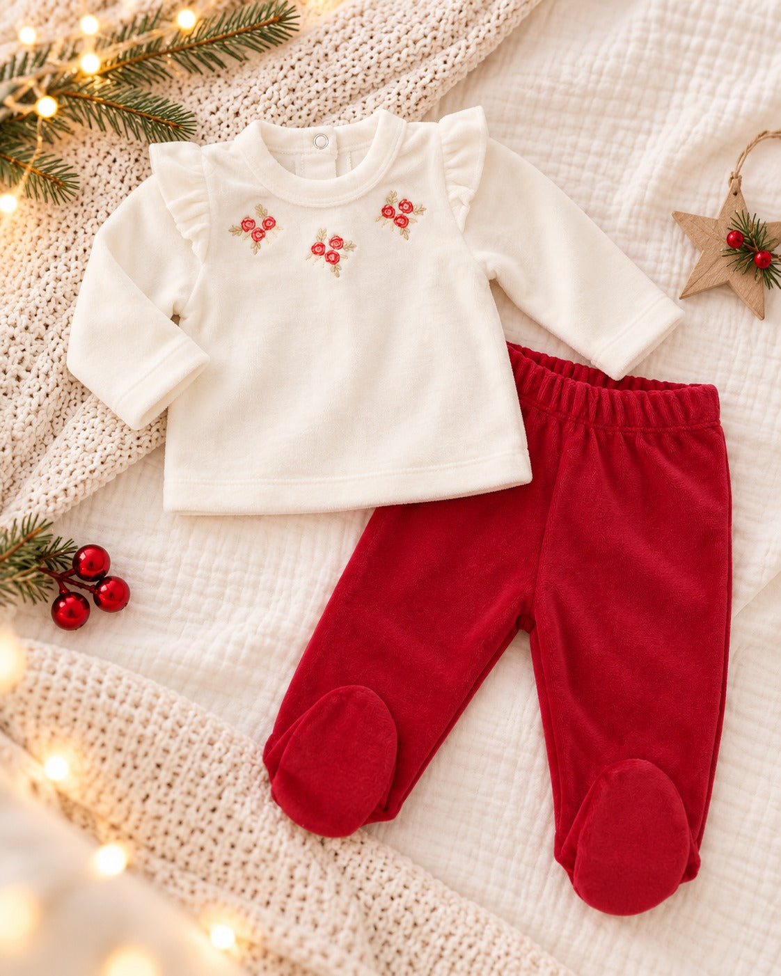 Conjunto de bata y pelele de plush rojo RN