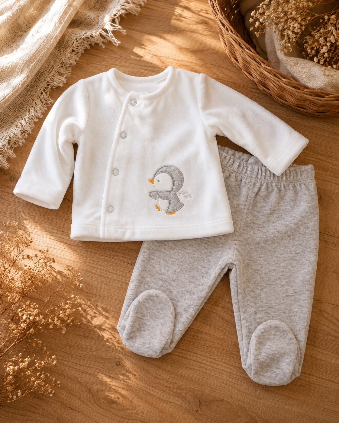 Conjunto bata cruzada adelante y pelele de plush RN
